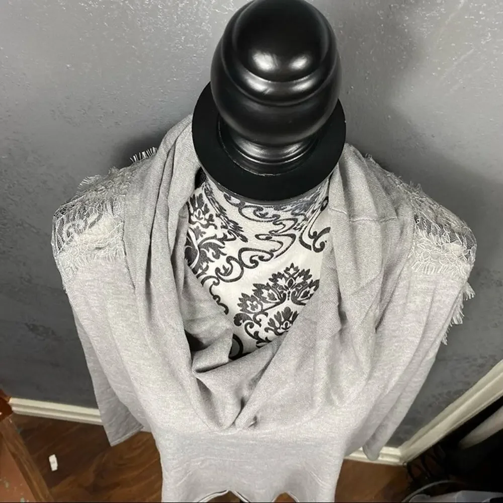 H Halston Light Heather Gray Cowl Neck Lace Shoulder Sweater, Size Large, NWT